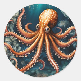 Ocean Octopus Deep Blue Classic Round Sticker