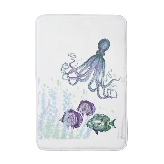 Ocean Octopus Indigo Blue Mauve Green Underwater Bath Mat (Front Vertical)