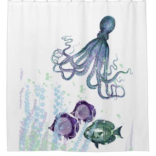Ocean Octopus Indigo Blue Mauve Green Underwater Shower Curtain