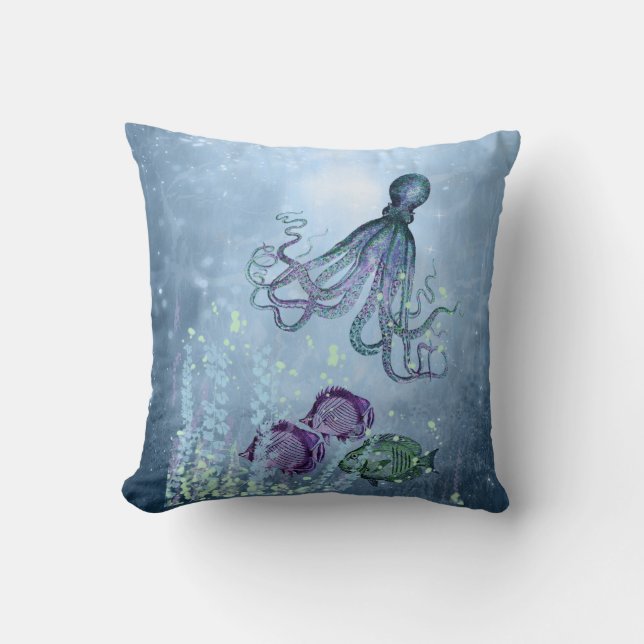 Ocean Octopus Indigo Blue Mauve Green Underwater T Throw Pillow (Front)