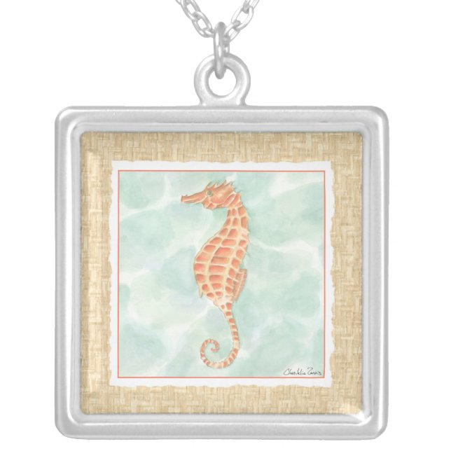 Ocean Orange Seahorse Silver Plated Necklace (Front)