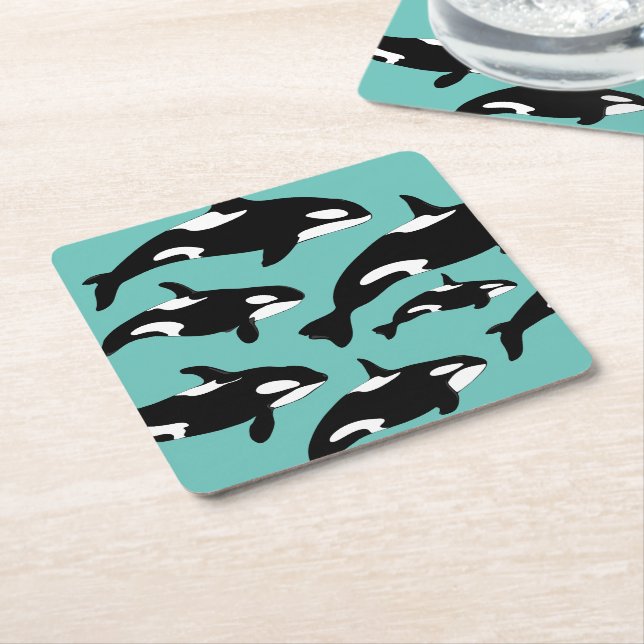 Ocean Orca Killer Whales on Blue Square Paper Coaster (Angled)