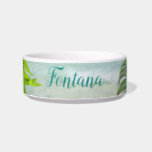 Ocean Palm Leaves Pet's Name Food Dish<br><div class="desc">Pet food bowl with ocean water background for name in script.  Big palm fronds decorate the sides.</div>