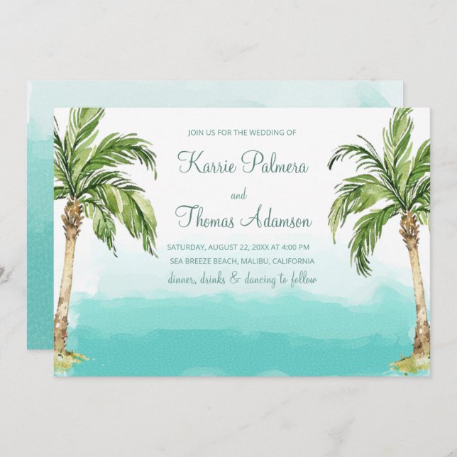 Ocean Palms | Watercolor Beach Wedding Invitation (Front/Back)
