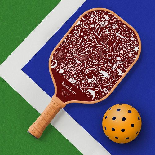 Ocean Pattern Red Monogram Add Your First Name Pickleball Paddle