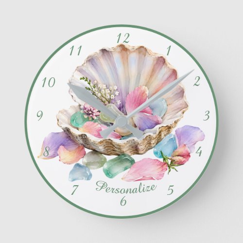 Ocean Pearl Blossom Pastel Shell Petal Design Round Clock