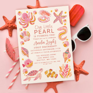 Ocean Pearl Sea Creatures Girl 1st Birthday Invitation