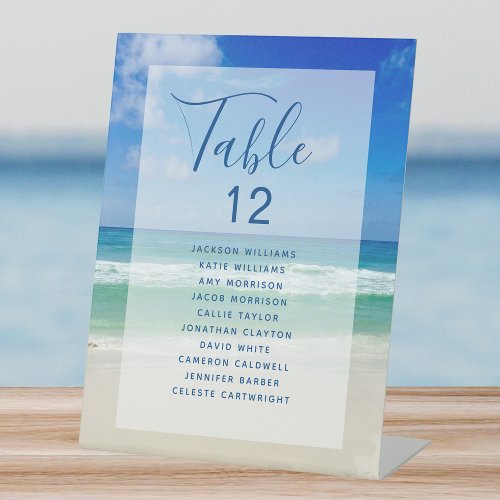 Ocean Photo Beach Wedding Table Number w Names Pedestal Sign