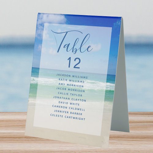 Ocean Photo Beach Wedding Table Number w Names Table Tent Sign