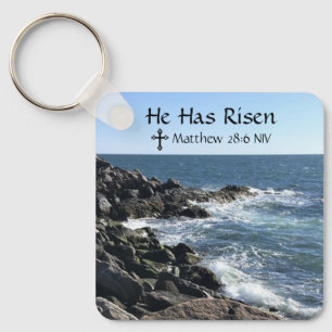 Ocean Photo He Has Risen Bible Verse Blue Easter Keychain