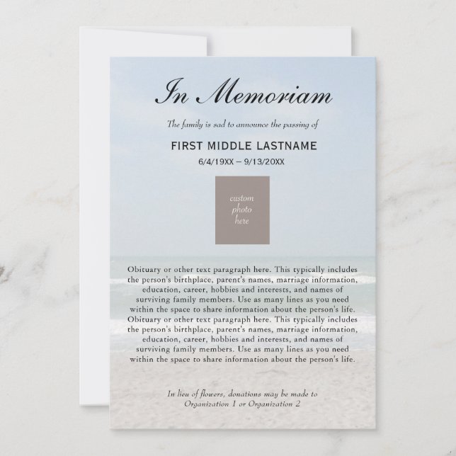 Ocean Photo Obituary Death Announcement (Front)