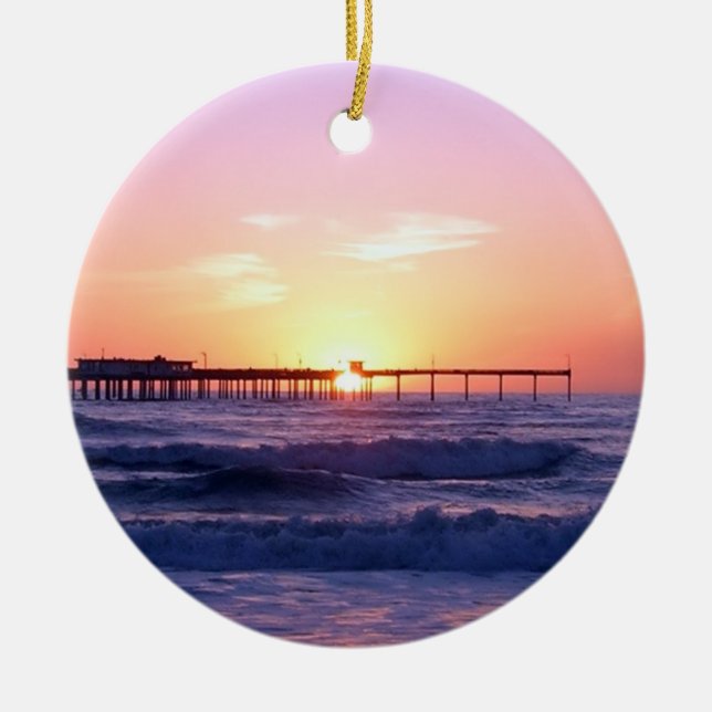 Ocean Pier at Sunset Ceramic Ornament (Front)