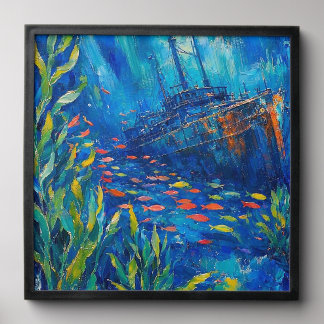 ocean plants fish sunken ship Abstract painting Peel And Stick Photo Tile