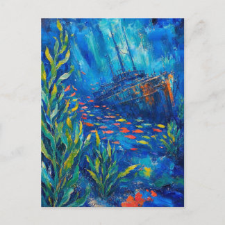 ocean plants fish sunken ship Abstract painting Postcard
