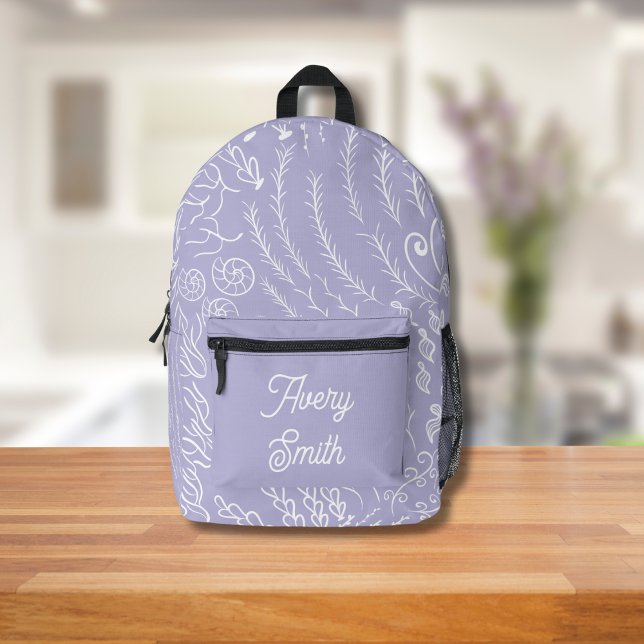 Ocean Print Backpack – Hand-Drawn Waves & Coral  (Purple Ocean Scene Backpack)