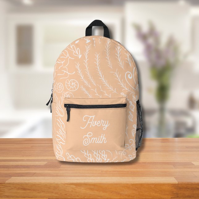Ocean Print Backpack – Hand-Drawn Waves & Coral  (Peach Ocean Scene Backpack
)