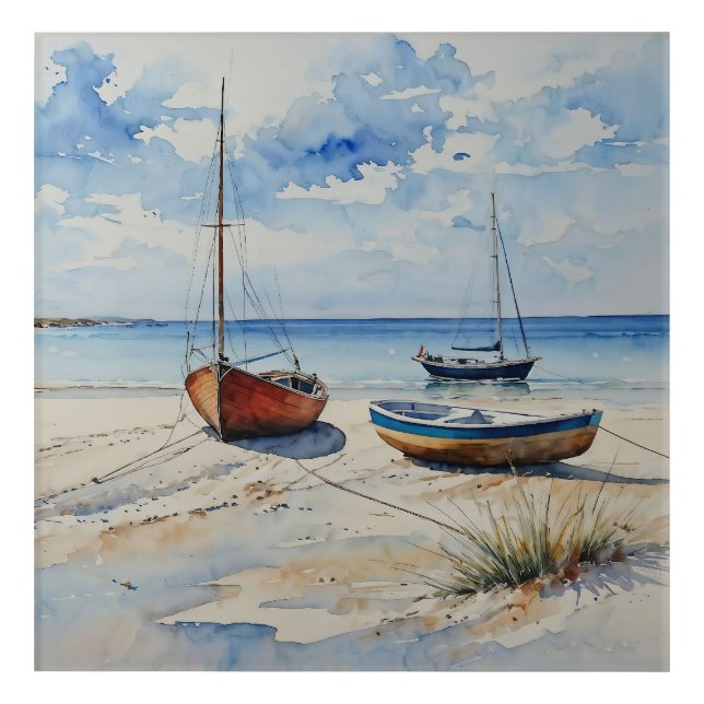 "Ocean Retreat". A Colourful Serene Boat Seascape Acrylic Print (Front)