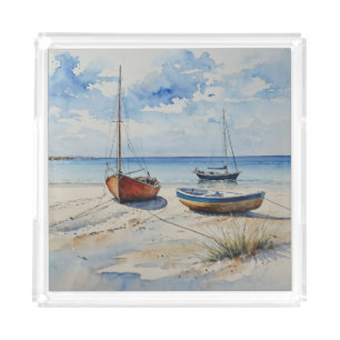 "Ocean Retreat". A Colourful Serene Boat Seascape Acrylic Tray