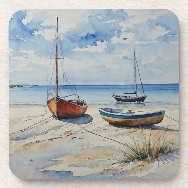 "Ocean Retreat". A Colourful Serene Boat Seascape Beverage Coaster (Front)