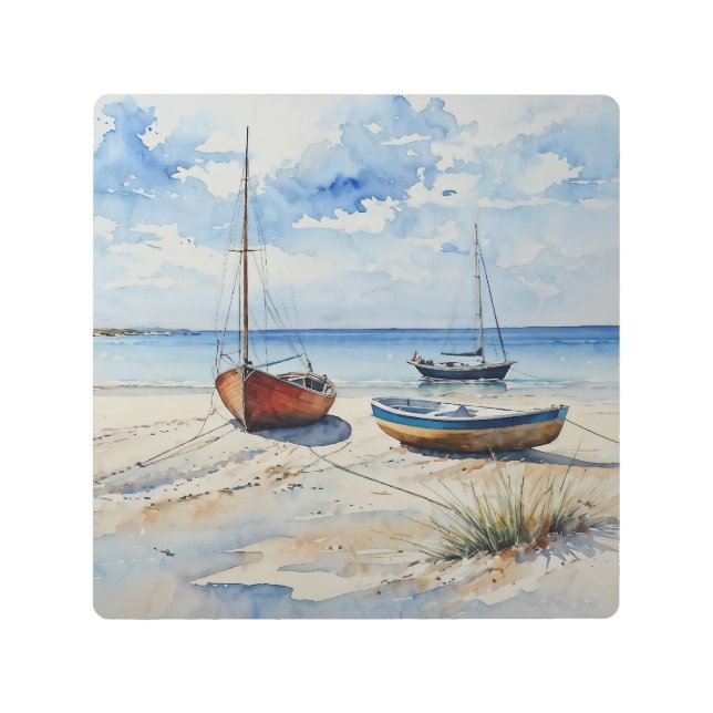 "Ocean Retreat". A Colourful Serene Boat Seascape Metal Print (Front)
