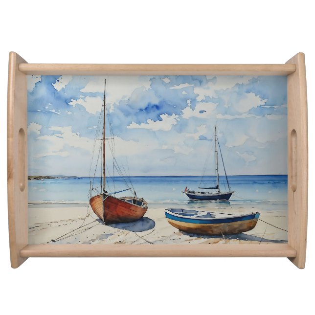 "Ocean Retreat". A Colourful Serene Boat Seascape Serving Tray (Front)