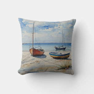 "Ocean Retreat". A Colourful Serene Boat Seascape Throw Pillow