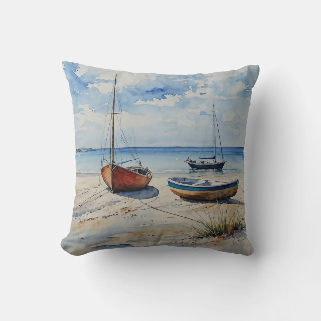 "Ocean Retreat". A Colourful Serene Boat Seascape Throw Pillow (Front)