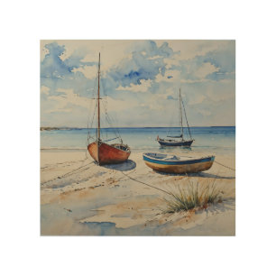 "Ocean Retreat". A Colourful Serene Boat Seascape Wood Wall Art