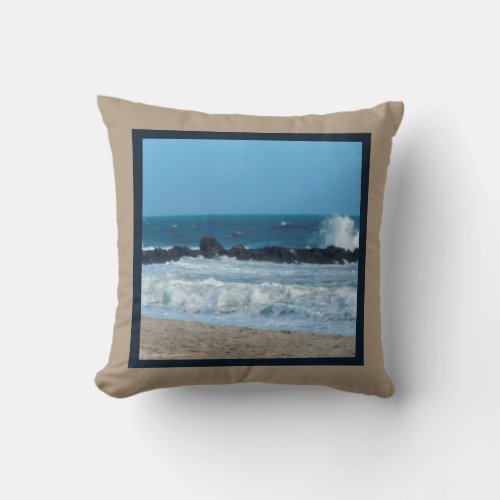 Ocean rocks beach Jersey Shore kitchen towel Throw Pillow