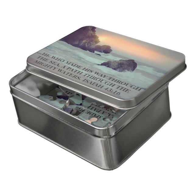 Ocean Rocky Seashore Sunset Christian Bible Verse Jigsaw Puzzle (Lid Open)