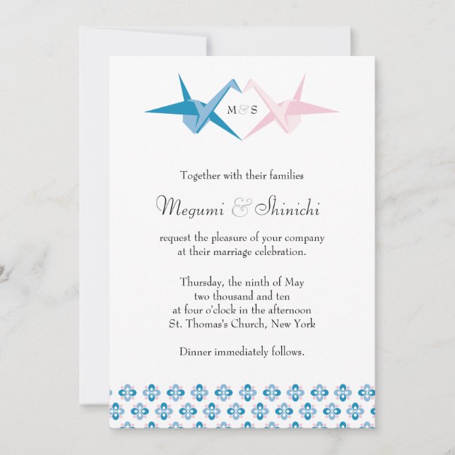 Ocean / Rose Origami Cranes Wedding Invitation (Front)