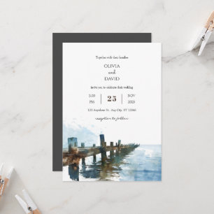 Ocean Rustic Wooden Pier Watercolor Beach Wedding Invitation