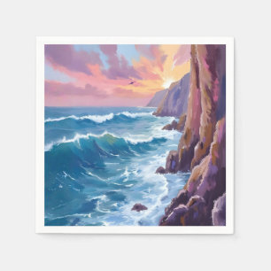 Ocean’s Breath Rocky Sea Sunset Coast Watercolor Napkins