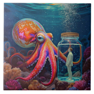 "Ocean’s Silent Captive" – Octopus Portrait Ceramic Tile