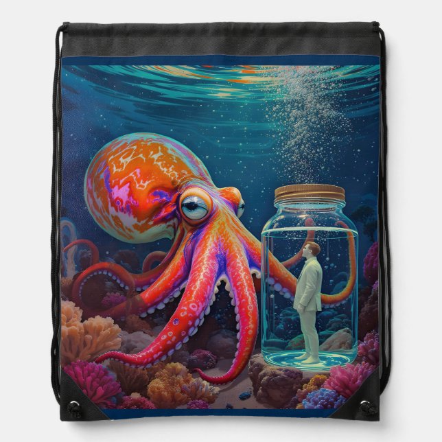 "Ocean’s Silent Captive" – Octopus Portrait Drawstring Bag (Front)