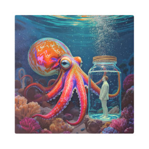"Ocean’s Silent Captive" – Octopus Portrait Metal Print
