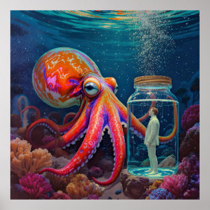 "Ocean’s Silent Captive" – Octopus Portrait Poster