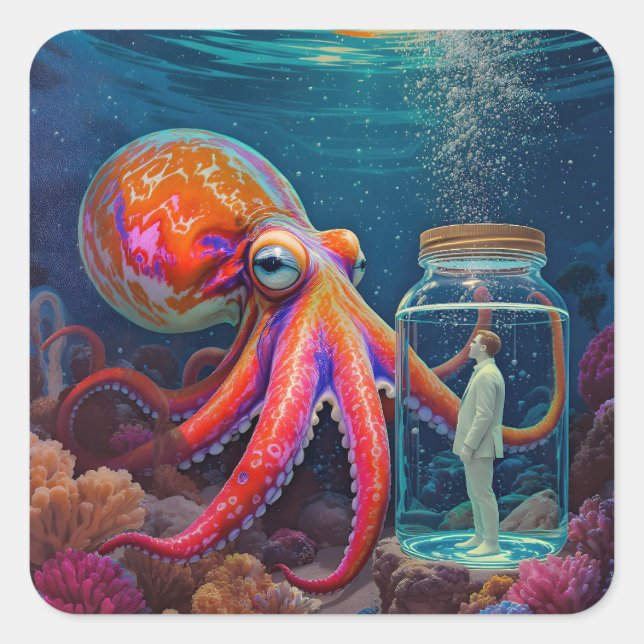 "Ocean’s Silent Captive" – Octopus Portrait Square Sticker (Front)