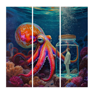 "Ocean’s Silent Captive" – Octopus Portrait Triptych