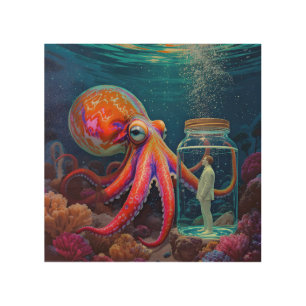 "Ocean’s Silent Captive" – Octopus Portrait Wood Wall Art