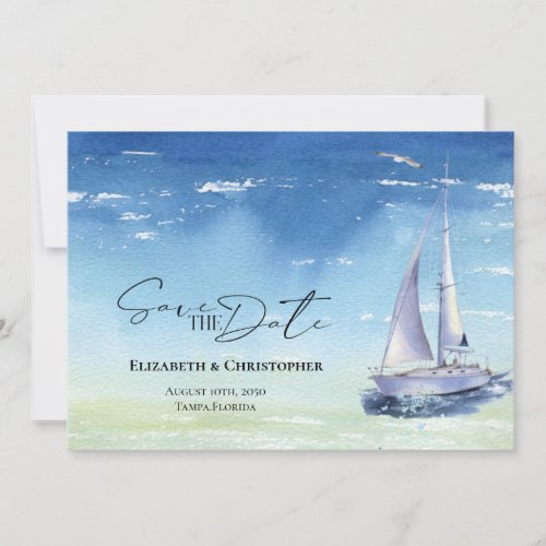 Ocean Sail Boat Yacht Club Watercolor Blue Save The Date
