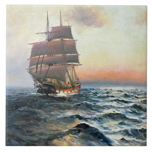 Ocean Sailing Clipper Ship Sea Waves Tile