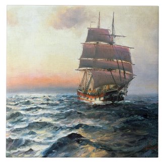 Ocean Sailing Clipper Ship Sea Waves Tile