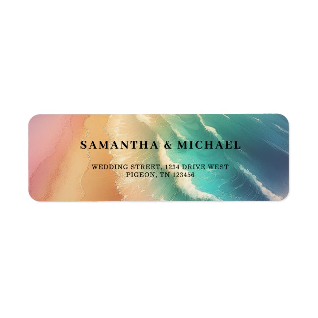 Ocean Sand Beach Sunset Watercolor Wedding Label