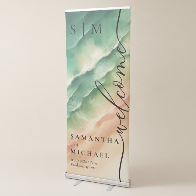 Ocean Sand Beach Wedding Monogrammed Retractable Banner (3/4)