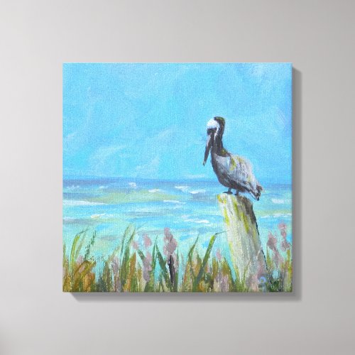 Ocean Scene Solitary Brown Pelican on a Piling Canvas Print