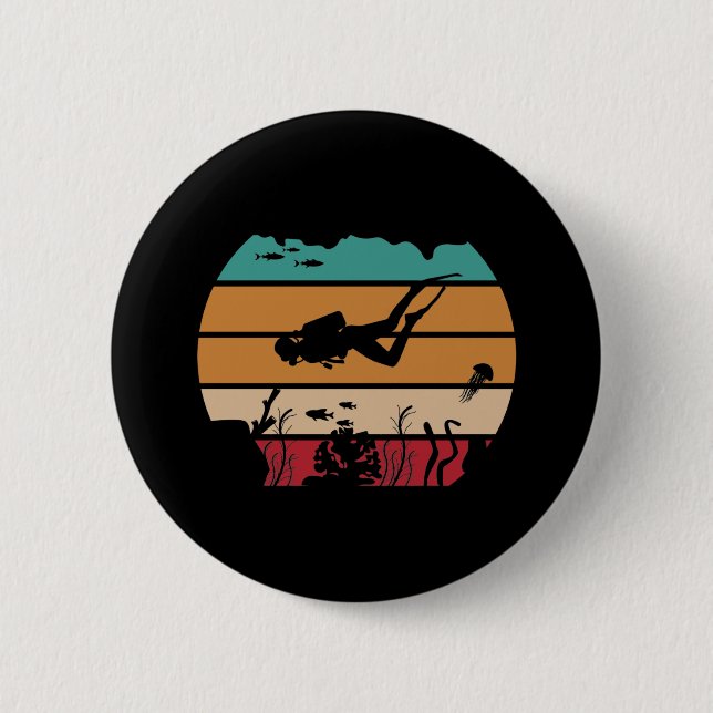 Ocean Scuba Diving Retro Diver Button (Front)