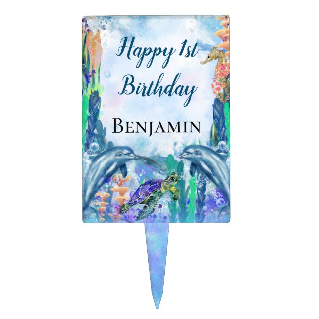 Ocean Sea Animals 1st Birthday  Cake Topper (Front)