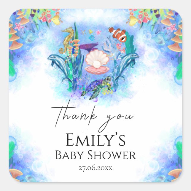 Ocean Sea Animals Colourful Baby Shower Classic Ro Square Sticker (Front)