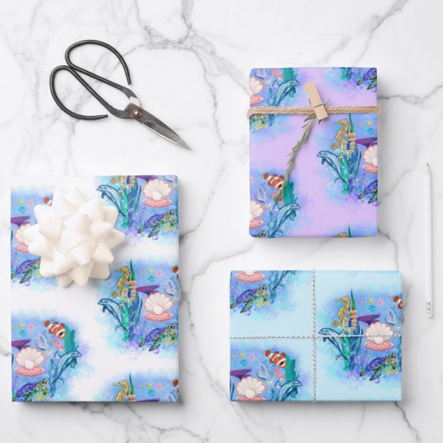 Ocean Sea Animals Party Wrapping Paper Sheets (Front)